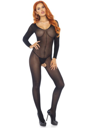 Catsuit velata nera aperta all'inguine - Leg Avenue